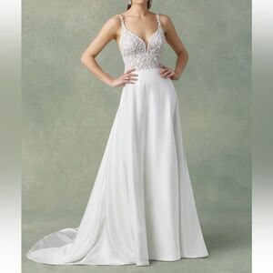 JUSTIN ALEXANDER Fidella Charmeuse A-Line Gown with Beaded Embroidery S 12